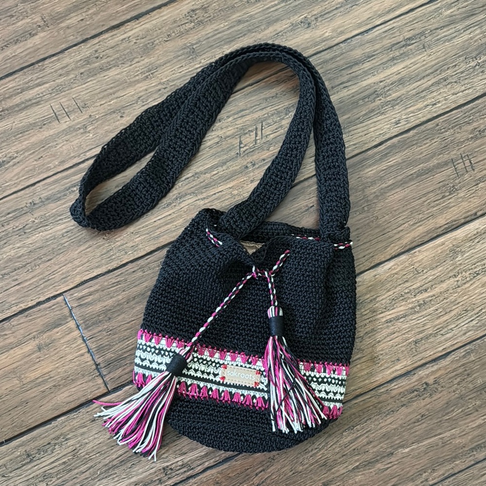 Sakroots Black and Pink Woven Crossbody Bag